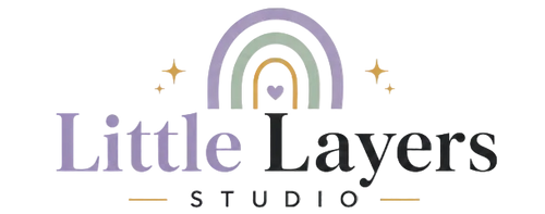 Logo of Little Layers Studio with a rainbow and heart design on a light background